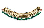 Pair of Anklets, Gold, set with white sapphires,  with attached pearls and hanging glass beads; enamel on reverse
